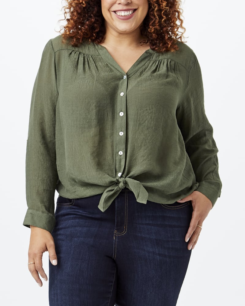 Front of plus size Raye Tie-Front Shirt by East Adeline | Dia&Co | dia_product_style_image_id:159026